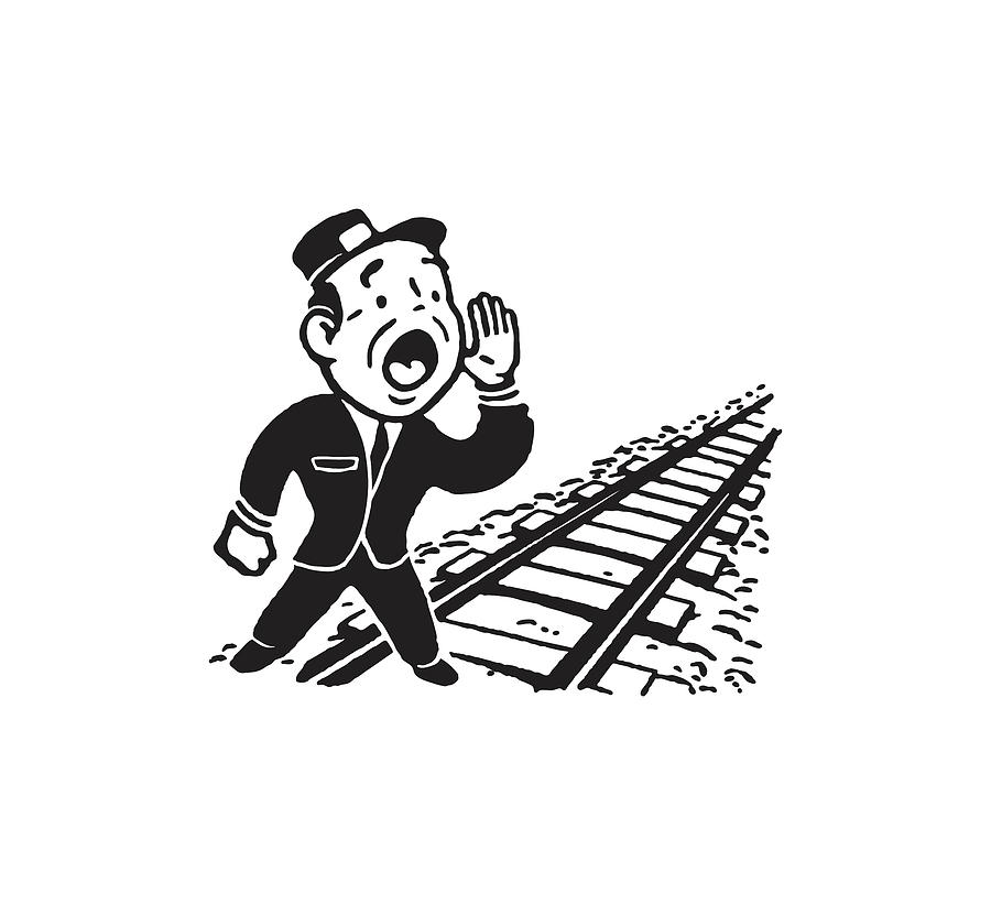 Black And White Drawing - Conductor Calling out by Empty Train Tracks by CSA Images