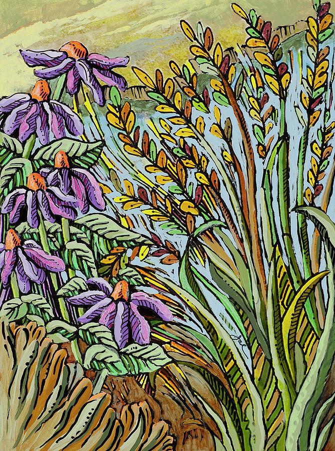 Cone Flowers By Stream Drawing by Janice A Larson
