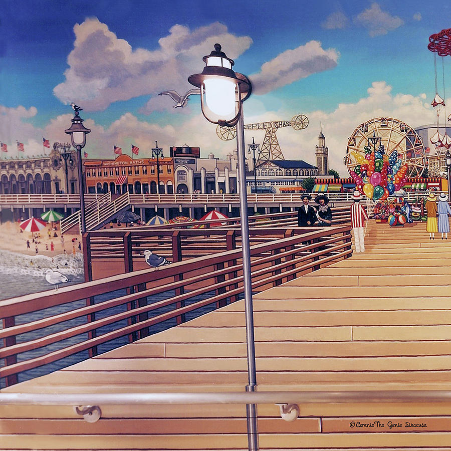 Coney Island Boardwalk Pillow Mural #1 Painting by Bonnie Siracusa