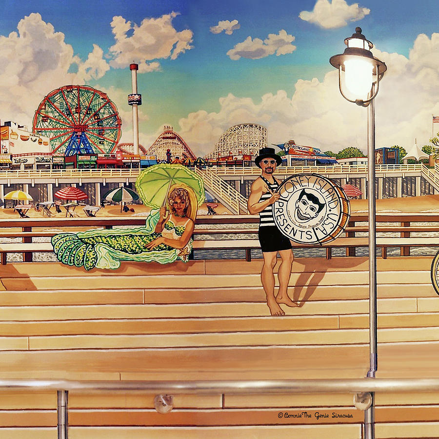 Coney Island Boardwalk Pillow Mural #4 Painting by Bonnie Siracusa