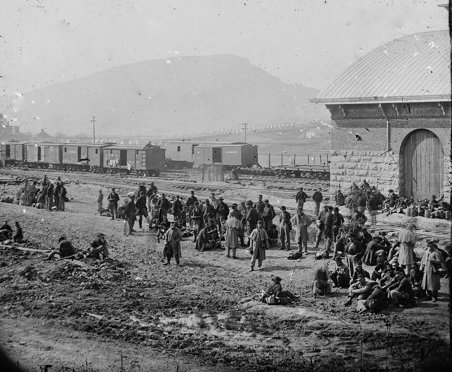 Confederate prisoners at railroad depot Painting by