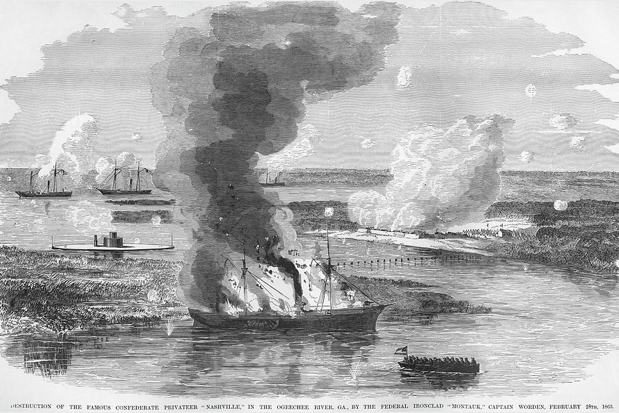 Confederate Privateer Nashville Burned in the Ogeechee River by Confederate Ironclad Montauk Painting by Frank Leslie