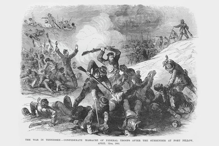 Confederate Troops Massacre at Fort Pillow; Black troops Massacred by Nathan Bedford Forest Painting by Frank Leslie