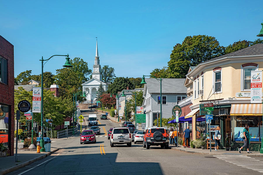 Connecticut, Mystic, Main Street With Union Baptist Church. Digital Art by Lumiere