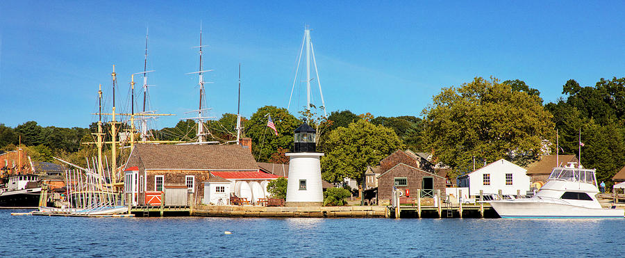 Boat Digital Art - Connecticut, Mystic, Seaport Scene, Coastal Scene With Mystic Seaport Lighthouse. by Lumiere