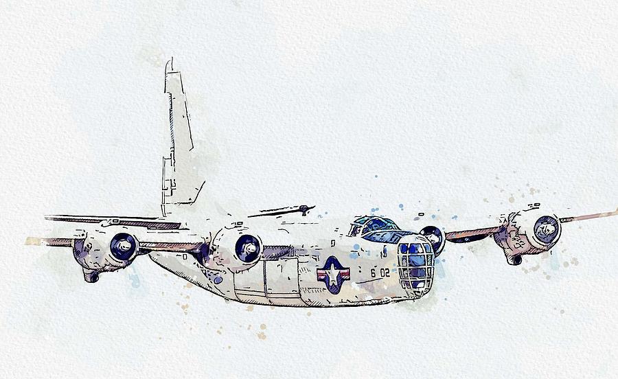 Transportation Painting - Consolidated P4Y-2 Privateer 2 watercolor by Ahmet Asar by Celestial Images
