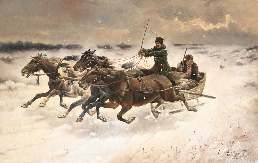 Constantin Baumgartner-Stoiloff 1850-1924 A TROIKA IN WINTER FOLLOWED BY WOLVES Painting by Celestial Images