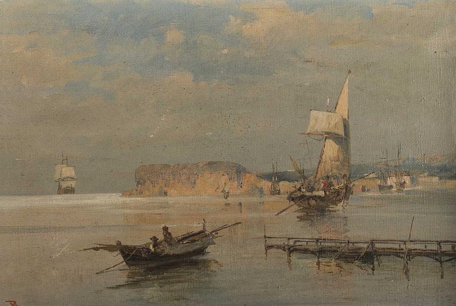 Greek Painting - Constantinos Volanakis 1837-1907 GREEK BOATS IN A PORT by Celestial Images