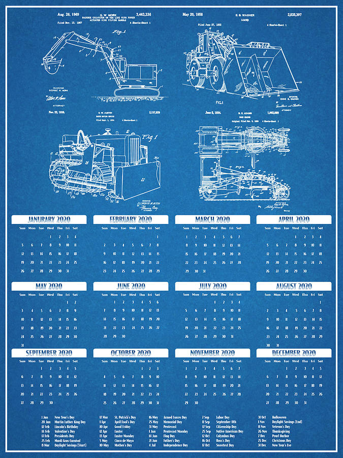 Construction Calendar Patent Print Set Blueprint Drawing by Greg Edwards