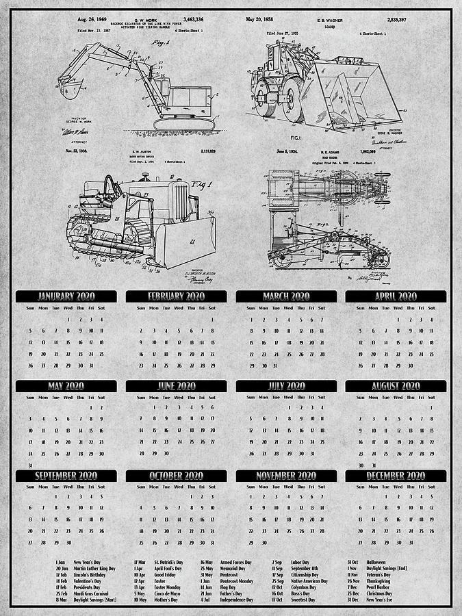 Construction Calendar Patent Print Set Gray Drawing by Greg Edwards