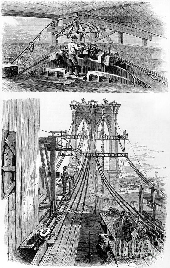 Construction Of The Brooklyn Suspension Drawing by Print Collector