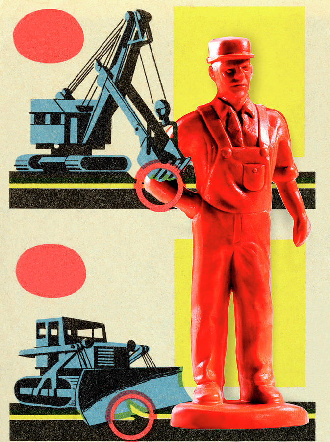 Vintage Drawing - Construction Worker With Machinery by CSA Images
