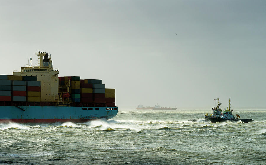 Boat Digital Art - Container Ship Run Aground With Tugs Rescuing, Vlissingen, Zeeland, Netherlands by Mischa Keijser