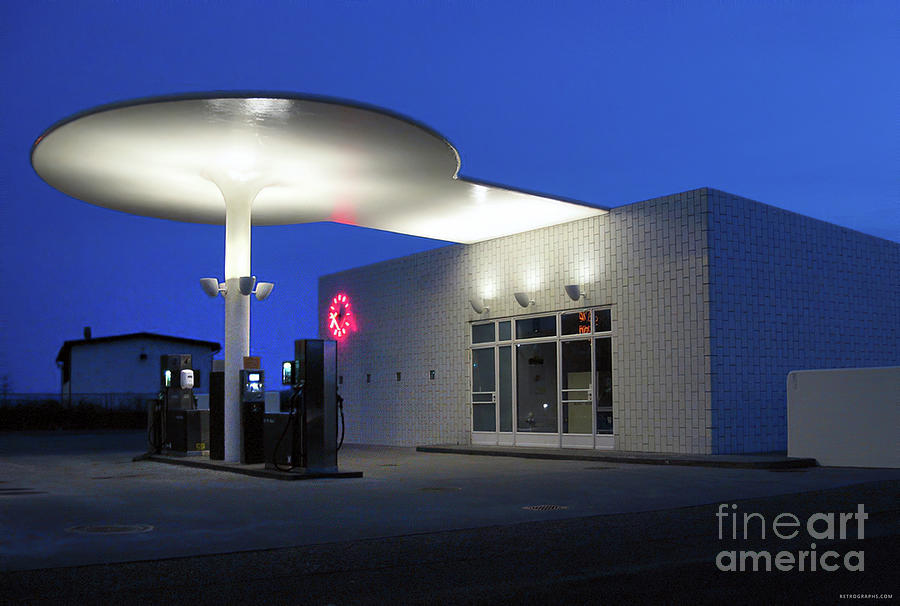 Contemporary Image Of Stylized Gas Station At Dusk Photograph by Retrographs