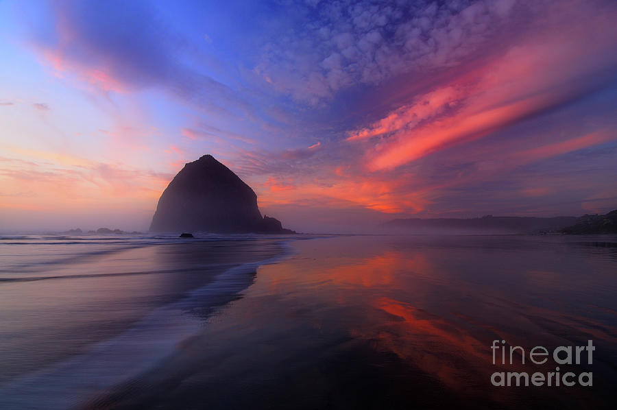 Sunset Reflections on Beach at Haystack Rock Photograph by Tom Schwabel