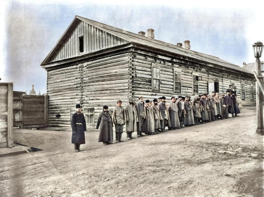 Convicts Lined Up Outside Dormitory At Khabarovsk, 1895, By William Henry Jackson Colorized By Ahmet Painting