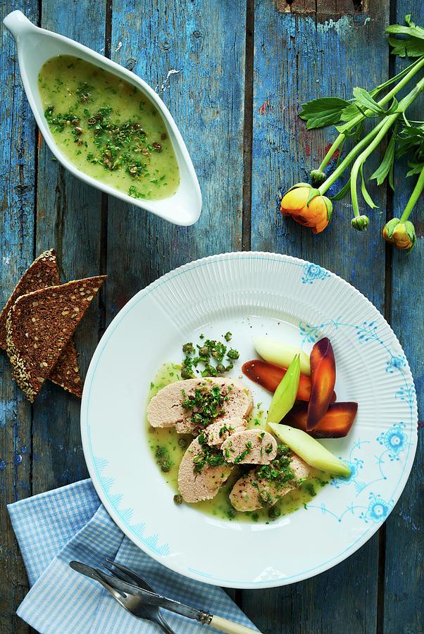 Cooked Cod Roe With A Caper Sauce And Root Vegetables Photograph by Martin Dyrlv