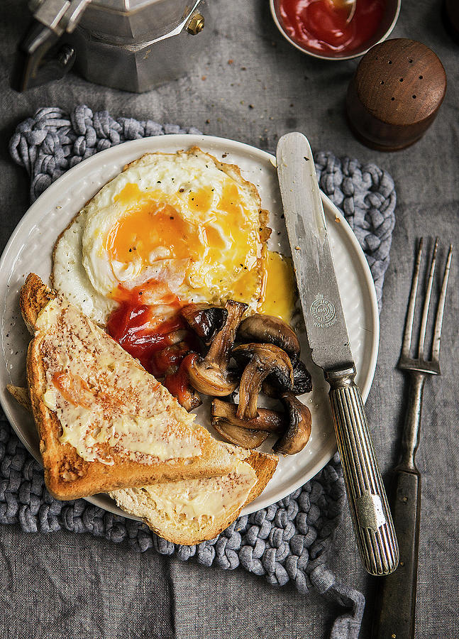 Cooked Vegetarian Breakfast Consisting Of Eggs Mushrooms Toast And Ketchup With Coffee Pot Photograph by Stacy Grant