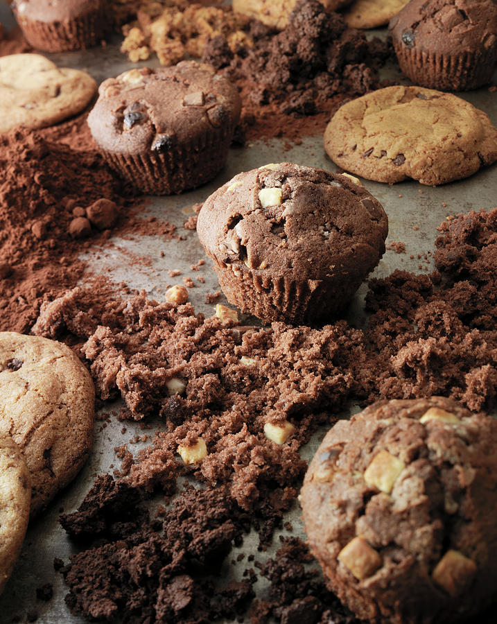 Cookies And Muffins On A Baking Tray Surronded By Crumbs Photograph by ...