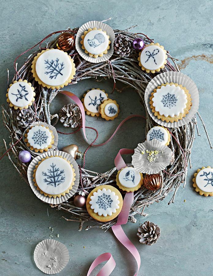 Cookies With Stamp Decoration Arranged On A Festive Wreath Photograph by Jalag / Julia Hoersch