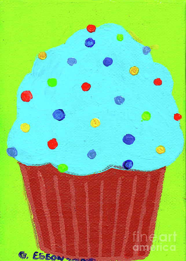 Cake Painting - Cool Blue Cupcake With Green Background by Genevieve Esson