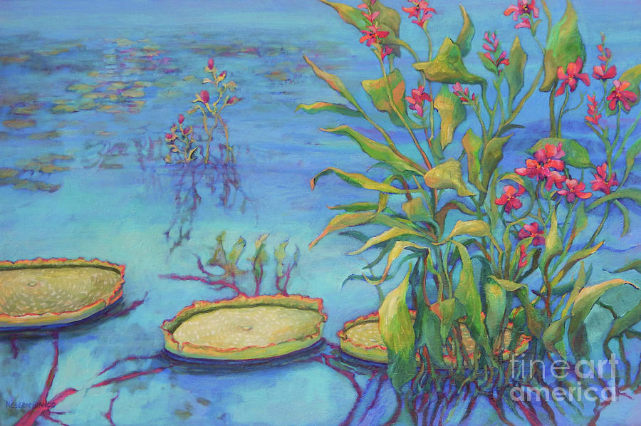 Cool Blue Pond Painting by Sharon Nelson-Bianco