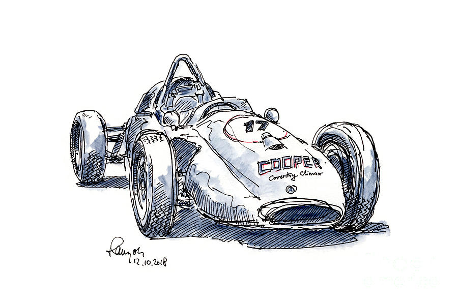 Cooper F1 Historic Racecar Ink Drawing and Watercolor Drawing by Frank
