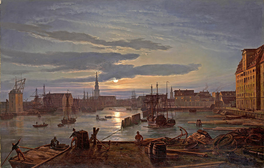 Copenhagen Harbor by Moonlight Painting by Johan Christian Dahl