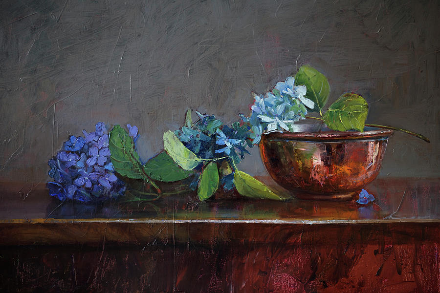 Still Life Painting - Copper Bowl With Blue Hydrangea by Svetlana Orinko