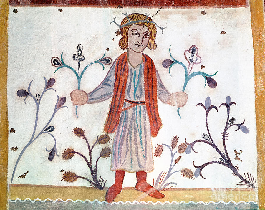 Romanesque Painting - Copy Of A Medieval Original Depicting April, From The Occupations Of The Months, From The Chapelle De Pritz, Laval by French School