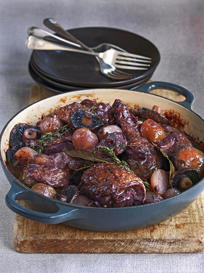 Coq Au Vin Made With Chicken, Mushrooms, Shallots, Herbs And Red Wine Photograph by Michael Paul