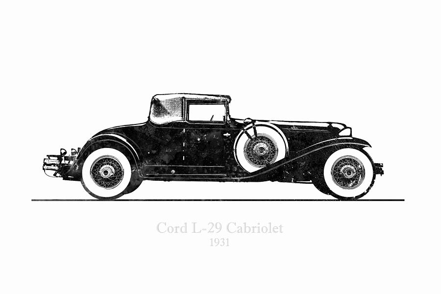 Vintage Digital Art - Cord L-29 Cabriolet 1931 Black and White Illustration by SP JE Art