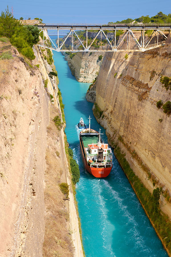 Greek Photograph - Corinth - Boat In The Ancient Canal by Jan Wlodarczyk
