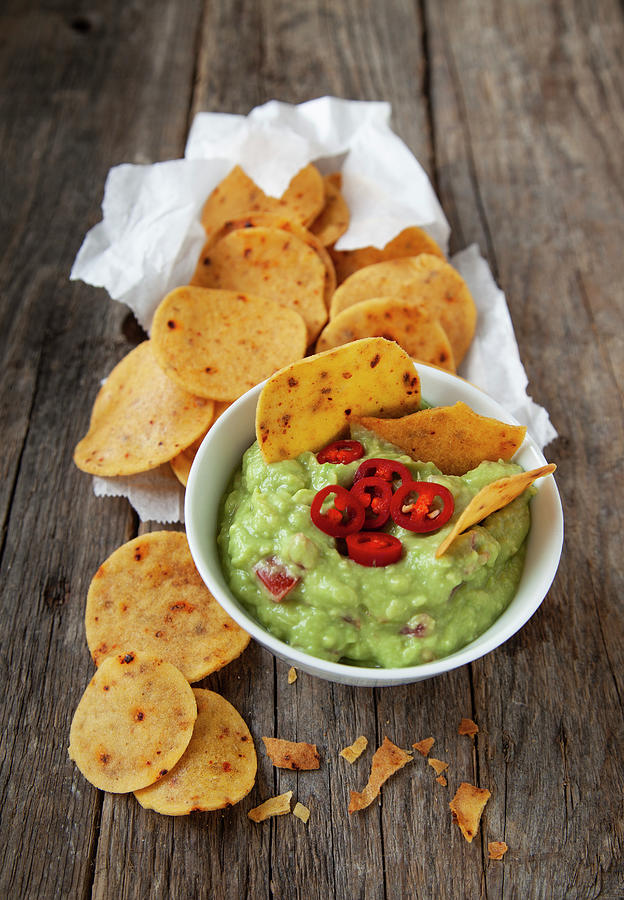 Corn And Chili Chips With Guacamole Photograph by Julia Skowronek