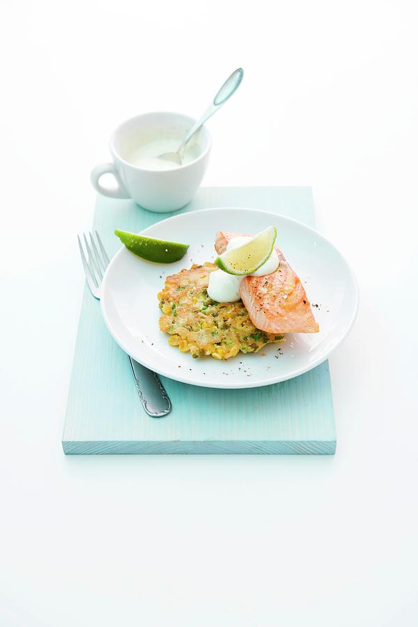 Corn Cake With Salmon And A Yogurt Dip Photograph by Michael Wissing