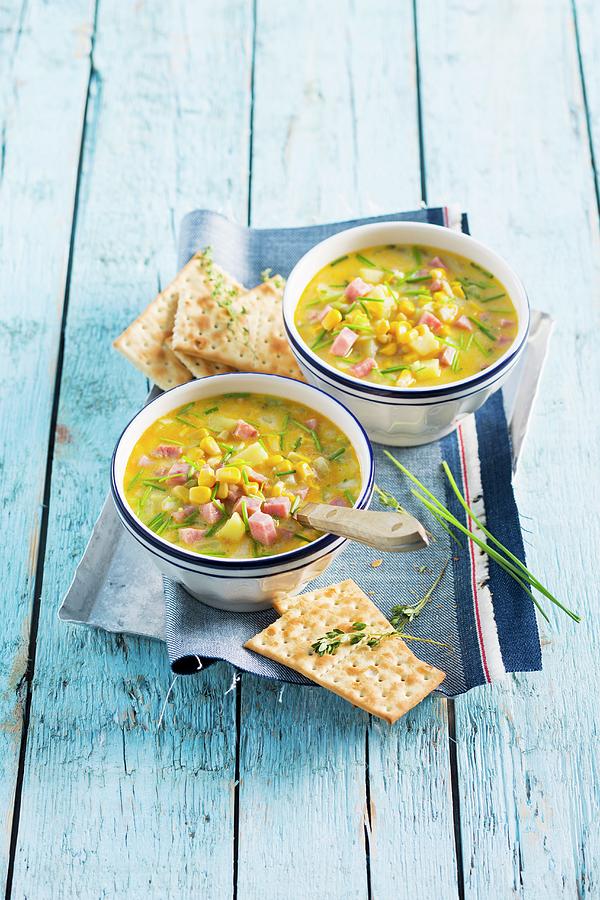 Corn Chowder american Sweetcorn Soup With Diced Ham And Crackers Photograph by Peter Kooijman