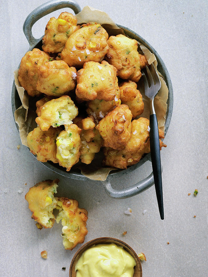 Corn Fritters With Flavoured Mayonnaise Photograph by Valerie Janssen