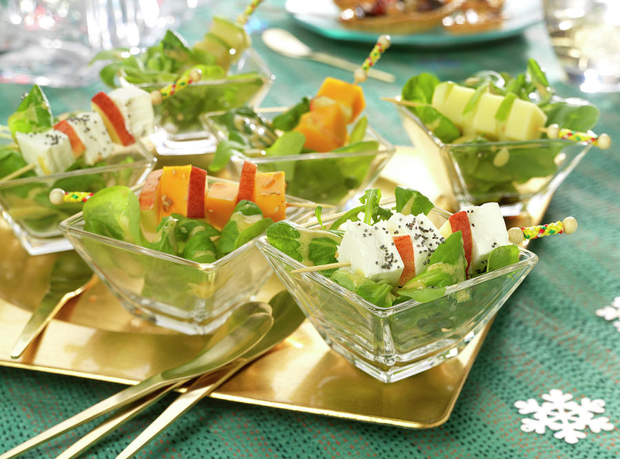 Corn Lettuce Salad With Cheese Brochettes Photograph by Bertram