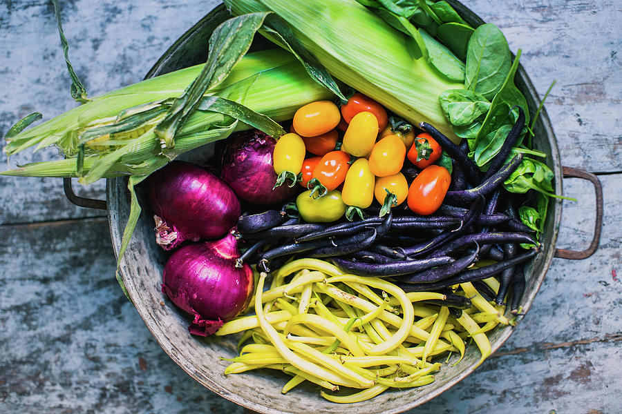 Corn On The Cob, Purple Beans, Red Onion, Spinach, Tomato, Yellow Beans Photograph by Lara Jane Thorpe