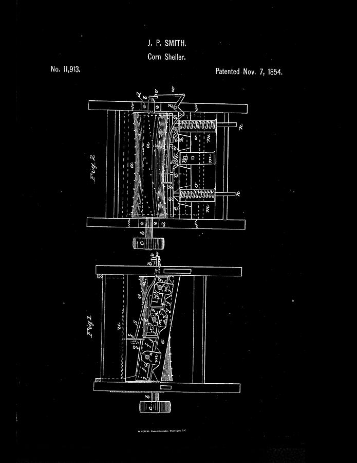 Corn shelling machine patent drawing from 1854-Dark Photograph by Steve Kearns