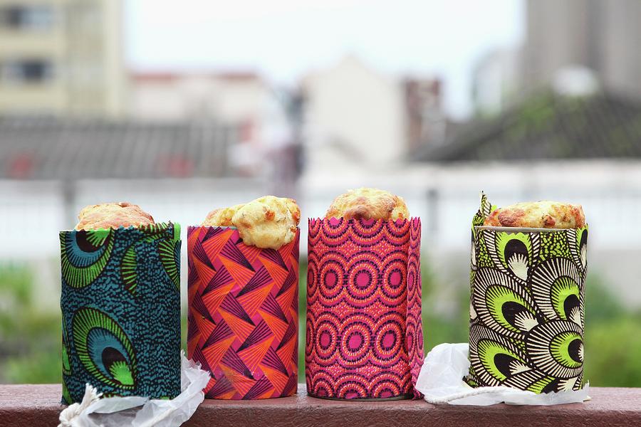 Cornbread For A Picnic Baked In Tin Cans & Wrapped In Colourful Print Fabrics Photograph by Great Stock!