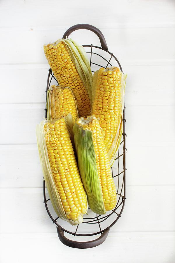 Corncobs In A Wire Basket Photograph by Vernica Orti