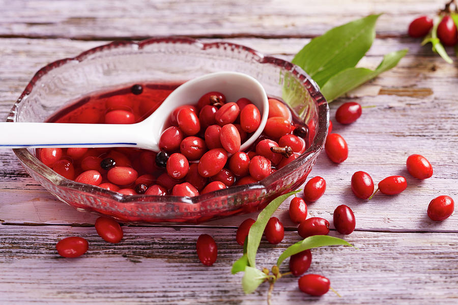 Cornelian Cherries Preserved In Spicy Vinegar Photograph by Teubner Foodfoto