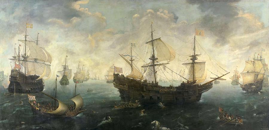 Cornelis Claesz. van Wieringen. The Spanish Armada off the English Coast in 1588. Oil on canvas. ... Painting by Cornelis Claesz van Wieringen -c 1577-1633-