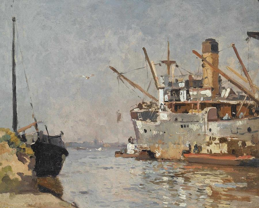 Architecture Painting - Cornelis Vreedenburgh 1880 - 1946   A VIEW OF THE OOSTELIJKE HANDELSKADE WITH THE SS GOUWESTROOM, AM by Celestial Images