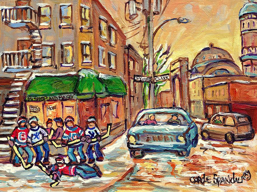 Corner St Viateur And Clark Montreal Winter Street Scene Hockey Art Bishop And Bagg Bistro C Spandau Painting by Carole Spandau