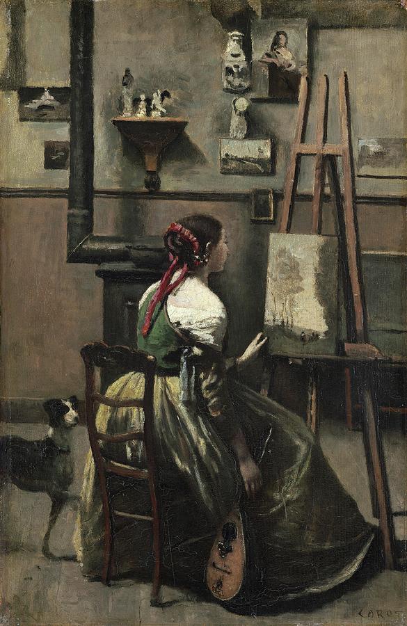 Jean-baptiste-camille Corot Painting - Corots Studio  Woman Seated Before An Easel,a Mandolin by Jean-baptiste-camille Corot