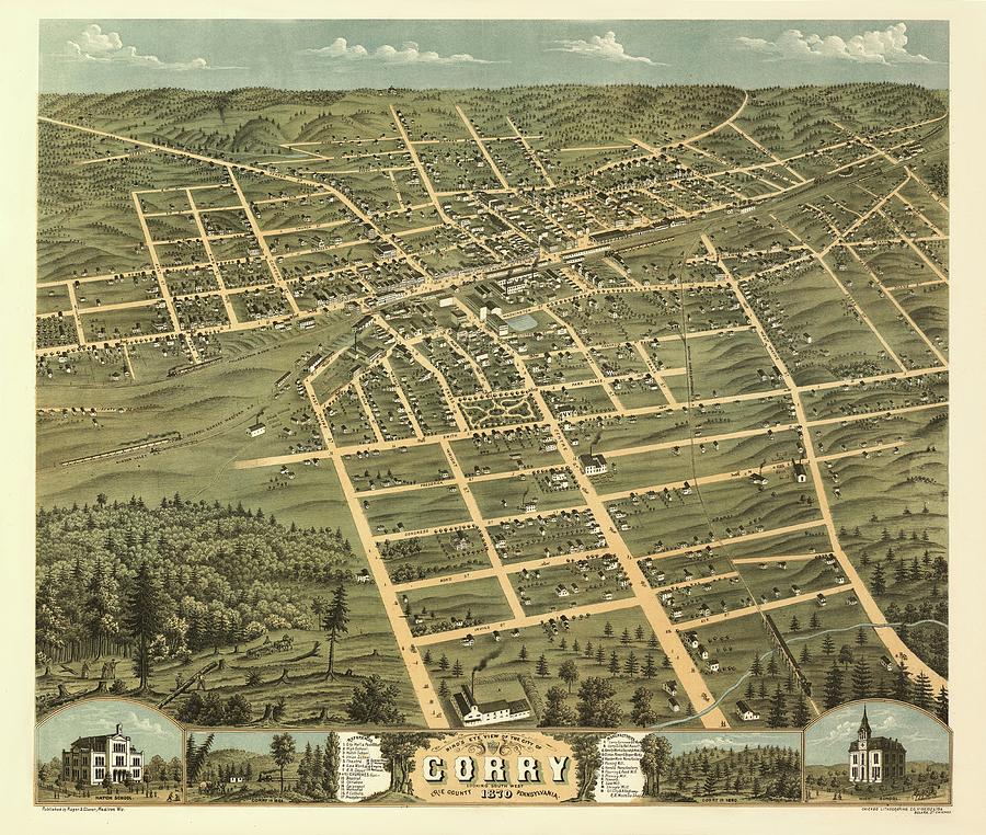 Corry Erie County Pennsylvania 1870 Antique Birdseye Map Drawing By ...