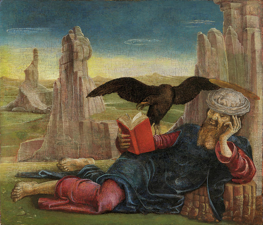 Cosme Tura -Ferrara, ca. 1430 -1495-. Saint John the Evangelist in Patmos -ca. 1470 - 1475-. Temp... Painting by Cosme Tura -c 1430-1495-