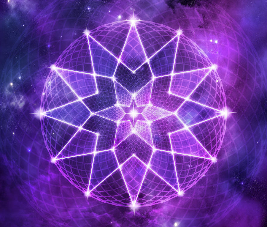 Cosmic Purple Geometric Seed of Life Crystal Lotus Star Mandala Digital Art by Laura Ostrowski